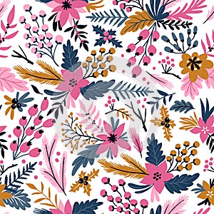 New year vector seamless pattern with branches, berries and flowers. Christmas floral hand drawn wrap paper.