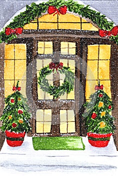 New Year  watercolor card. Kinship. Christmas card. The door is decorated with a Christmas wreath, Christmas trees. New snow-cover photo