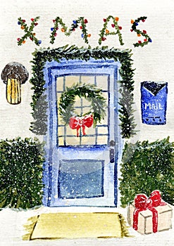 New Year  watercolor card. Kinship. Christmas card. The door is decorated with a Christmas wreath, Christmas trees. New snow-cover photo