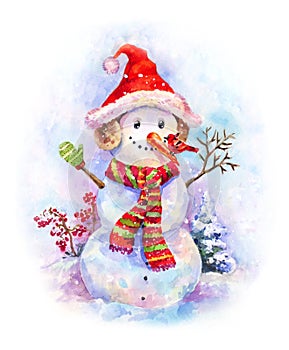 New year watercolor. Funny snowman in Christmas hat and red-green striped scarf on snow background. New year postcard