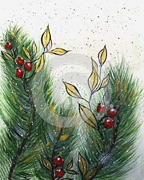 New year watercolor illustration. New Year card. Modern Xmas design. Christmas tree, fir branches, holiday elements. for New Year