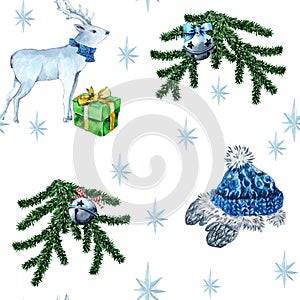 New Year watercolor pattern. Deer, gift box, spruce twigs, snowflakes, bell, hat, mittens. Seamless hand-drawn texture on a white