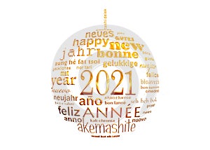 2021 new year white and gold multilingual text word cloud greeting card in shape of a christmas ball