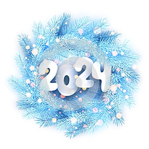 New Year white paper 2024 lettering on bright blue realistic fir branches and glittering sparkles. Round Christmas wreath