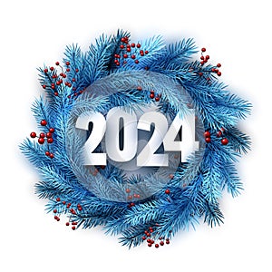 New Year white paper 2024 lettering on bright blue realistic fir branches and red berries. Round Christmas wreath