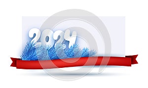 New Year white paper 2024 lettering with bright blue realistic fir branches and red ribbon