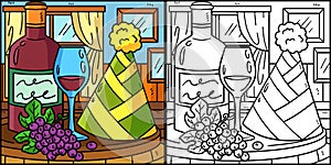 New Year Wine And Party Hat Coloring Illustration