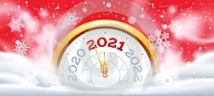 New Year winter clock 2021. Christmas holiday celebration. Midnight xmas party. Making wishes time for party