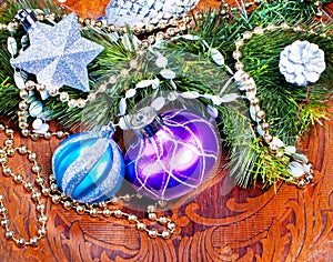 New year wood background with colorful decorations