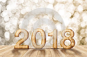 2018 new year wood number in perspective room with sparkling bokeh wall and wooden plank floor,leave space for adding your content