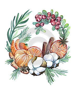 New Year's wreath with tangerines, cinnamon, cotton flowers and lingonberry sprigs. Watercolor set.