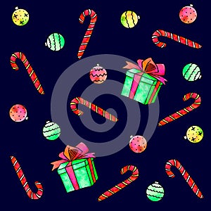 New year Xmas background and texture with candy cane, sweets, Christmas tree balls, gifts boxes. For greeting cards, wrapping