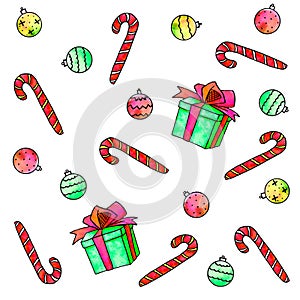 New year Xmas background and texture with candy cane, sweets, Christmas tree balls, gifts boxes. For greeting cards, wrapping