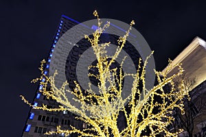 New year and Xmas street decoration in night illuminated Moscow