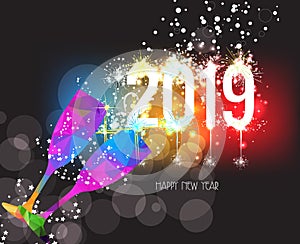 New Years 2019 polygonal colorful triangle glass and fireworks background