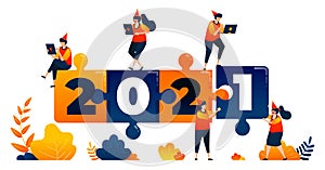 New years of 2020 to 2021 with theme of puzzle game, leadership and teamwork. Vector illustration concept can be use for landing