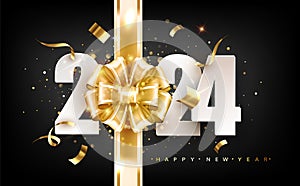 New Years 2024. Greeting card with date and ribbon on black background.
