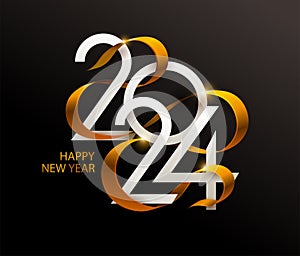 New Years 2024. Greeting card with white numbers and golden ribbon