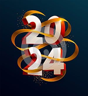 New Years 2024. Greeting poster with numbers and golden ribbon