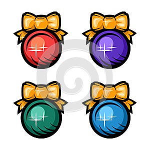 New Years balls with a bow, color image in a flat style. Holiday symbol, sign, emblem, icon. Vector illustration