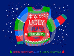 New Years banner for ugly sweaters party. Merry Christmas and Happy New Year greeting card