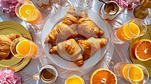New Years Day Brunch Buffet with Croissants, Eggs, Ham, and Orange Juice