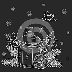 New Years decor poster.Needles, tree twig, berry, orange, lemon, cinnamon, lamp, candlestick. Merry Christmas lettering.