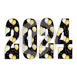 New years eve 2024 typography with balloons and confetti pattern