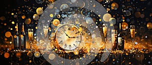 New Years Eve celebration background, champagne and clock