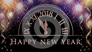 New years eve celebration background with colorful party fireworks, clock with 2018, text