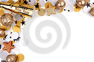 New Years Eve corner border of confetti and decor over white