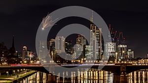 New years eve with fireworks above the skyline of Frankfurt.