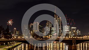 New years eve with fireworks above the skyline of Frankfurt.