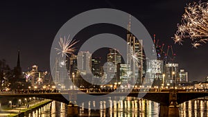 New years eve with fireworks above the skyline of Frankfurt.