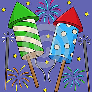 New Years Eve Fireworks Colored Cartoon