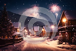 New years eve fireworks over village with snowy mountains at night. Christmas greeting card