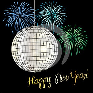 New years eve graphic with disco ball and fireworks