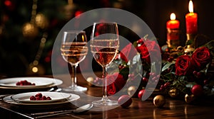 new years eve party table with champagne flute ribbon and golden glitter