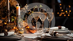 new years eve party table with champagne flute ribbon and golden glitter