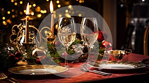 new years eve party table with champagne flute ribbon and golden glitter