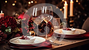 new years eve party table with champagne flute ribbon and golden glitter