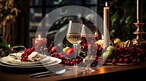 new years eve party table with champagne flute ribbon and golden glitter