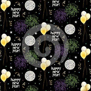 New years eve pattern with balloons and fireworks on black background