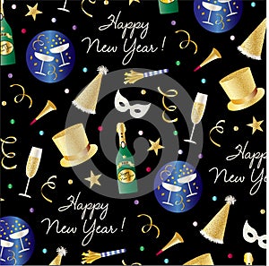 New years eve pattern with top hats, champagne masks and confetti