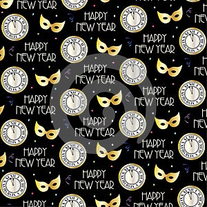 New years eve pattern with clocks and gold masks