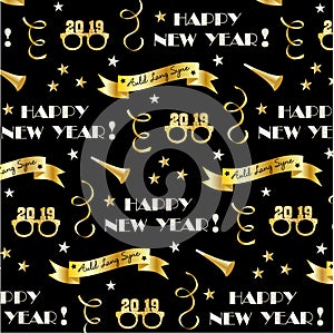 New years eve 2019 pattern with gold banners, glasses, stars and confetti streamers