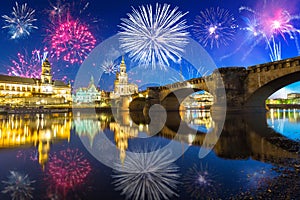 New Years firework display over the Elbe River in Dresden, Saxony. Germany