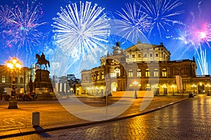 New Years firework display over the Semperoper Opera in Dresden. Germany