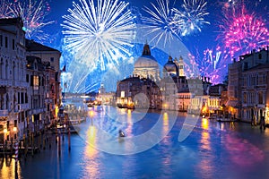 New Years firework display the Santa Maria della Salute Basilica in Venice, Italy