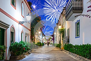 New years fireworks display over the Puerto de Mogan town, Gran Canaria. Spain